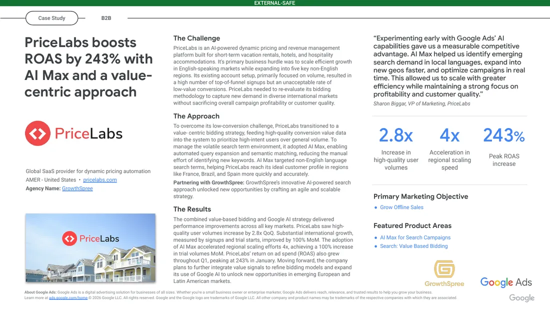 Google Ads case study: PriceLabs boosts ROAS by 243% with AI Max and a value-centric approach, with GrowthSpree listed as the agency