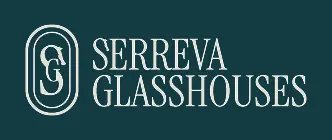 Serreva Glasshouses logo in white on a dark green background.